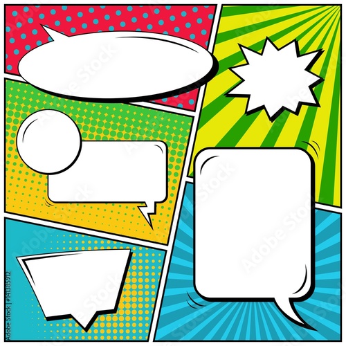 Abstract creative concept vector comic pop art style blank, layout template with clouds beams and isolated dots background. For sale banner, empty speech bubble set, illustration halftone book design.