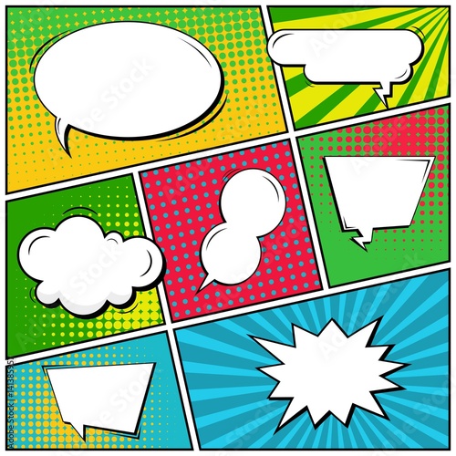 Abstract creative concept vector comic pop art style blank, layout template with clouds beams and isolated dots background. For sale banner, empty speech bubble set, illustration halftone book design.