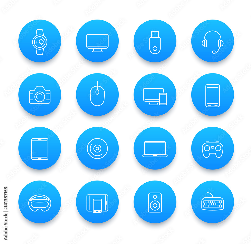 Modern gadgets icons set in line style on blue round shapes Modern gadgets icons set in line style on blue round shapes