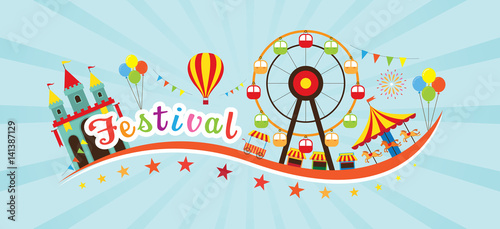 Festival Typeface with objects and Icons, Theme Park, Amusement Park, Fun Fair
