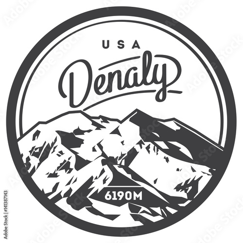Denali in Alaska Range, North America, USA outdoor adventure badge. McKinley mountain illustration.