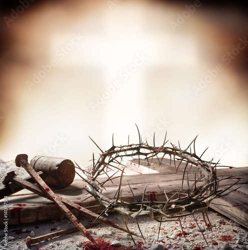Fotobehang Crucifixion Of Jesus Christ - Cross With Hammer Bloody Nails And Crown Of Thorns