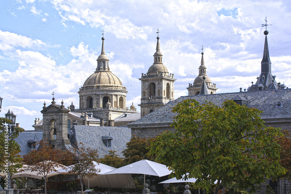 View at the domes of the Escorial palace, Spain