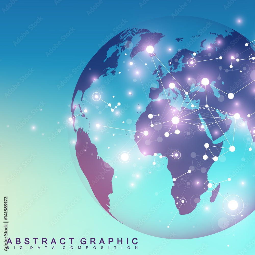 Three-dimensional abstract background planet. Virtual background communication or particle compounds. Global network connection and lines plexus. Minimalistic chaotic design, vector illustration.