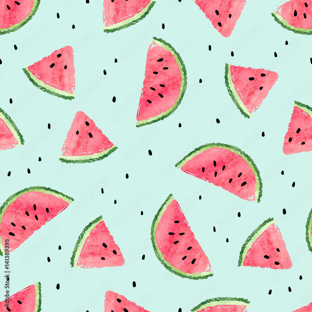 Seamless watermelon pattern. Vector summer background with watercolor watermelon slices. - obrazy, fototapety, plakaty 