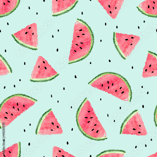 Seamless watermelon pattern. Vector summer background with watercolor watermelon slices. photo