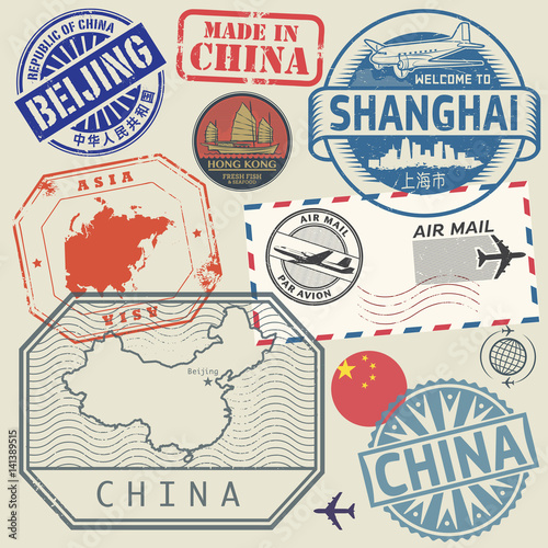 Travel stamps set with the text China, Shanghai, Beijing