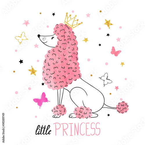 Little princess vector illustration for kids design - poster, t-shirt. Cute watercolor poodle.