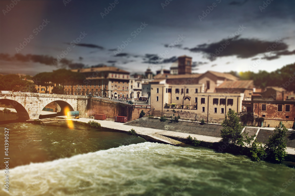 Fast Flowing River Tiber and Ponte Tavere