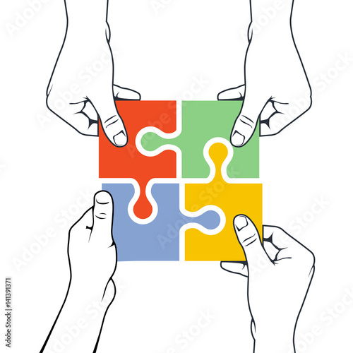 Four hands joining puzzle piece - association and merger concept