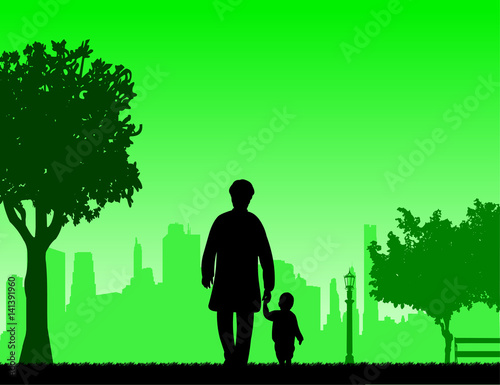 Grandmother walking with her grandson in the park, one in the series of similar images silhouette