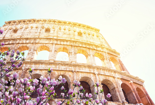 ruins of Colosseum, close up details of facade with sunshine at spring day, Rome Italy