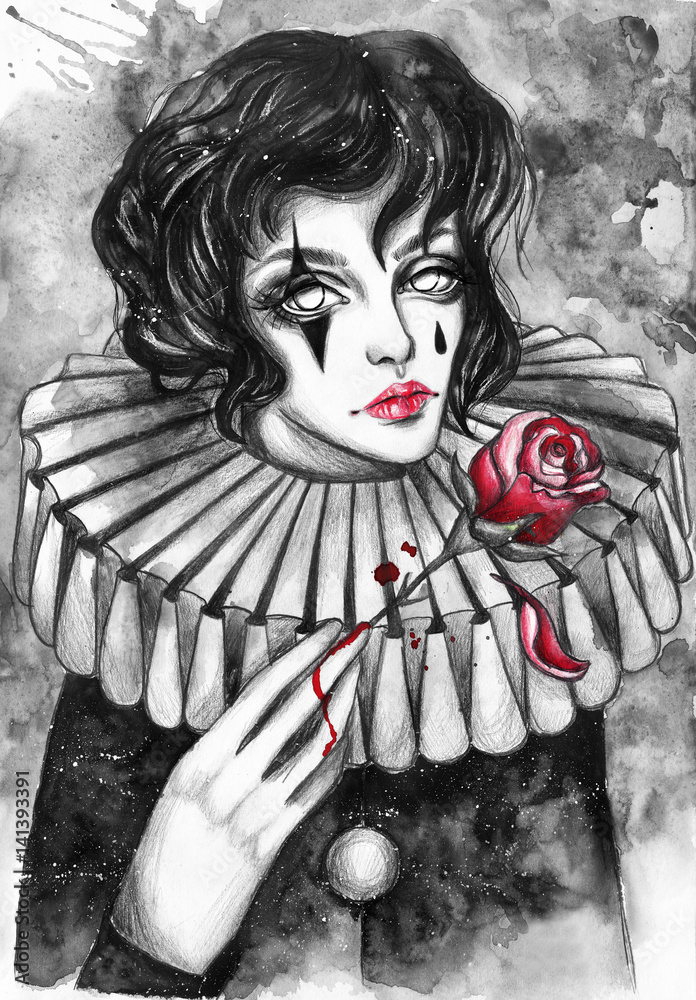 Pierrot with a red rose. Hand-painted watercolor gothic illustration Stock  Illustration | Adobe Stock
