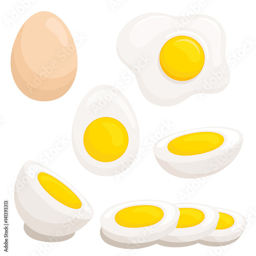 Cartoon egg isolated on white background. Set of fried, boiled, half, sliced eggs. Vector illustration. Eggs in various forms.