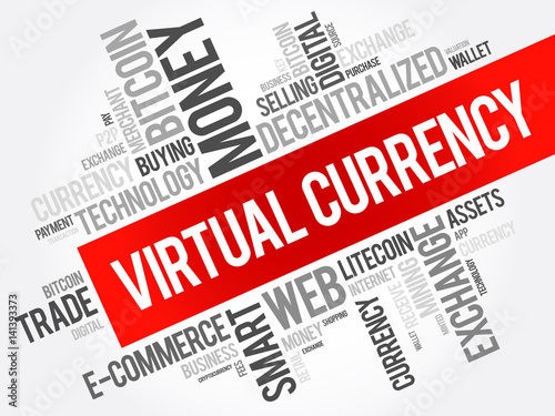 Virtual currency word cloud collage, business concept background