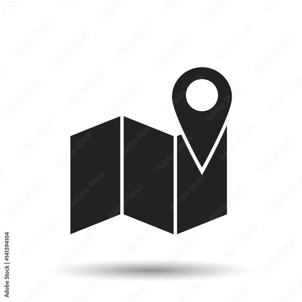 Map with pin icon. Flat vector illustration. Location sign symbol with shadow on white background. Map with pin icon. Flat vector illustration. Location sign symbol with shadow on white background.