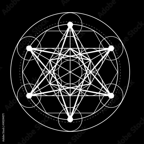 sacred geometry symbol. Metatrons cube on black background vector illustration