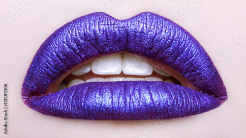 Passionate lips. Beautiful makeup close up. Opened mouth. Macro photography, small depth of field