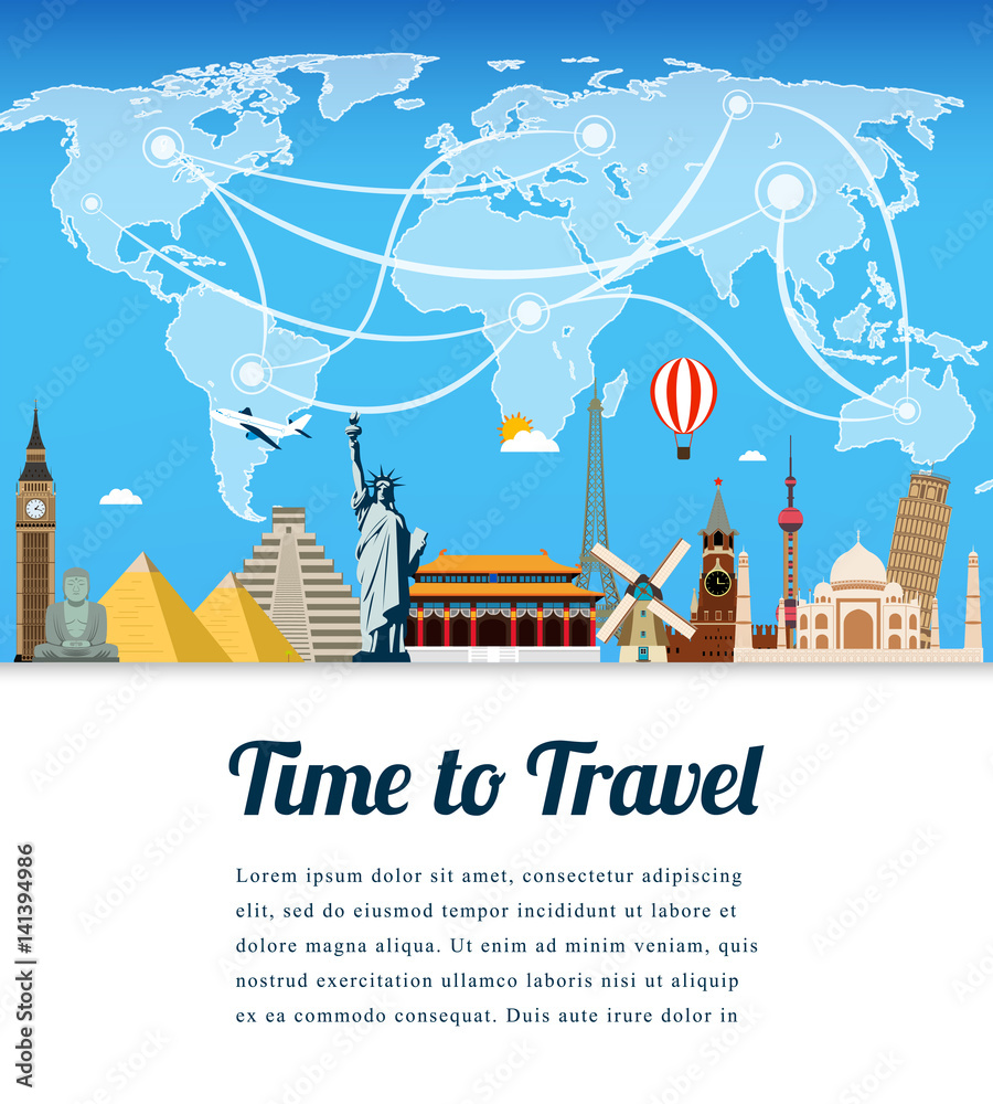 Obraz premium Travel composition with famous world landmarks. Travel and Tourism. Vector. Modern flat design.