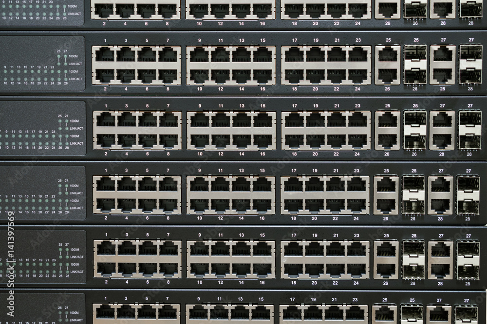 The front panel of Internet equipment installed in the server room. Lots of empty ports on the switch The front panel of Internet equipment installed in the server room. Lots of empty ports on the switch