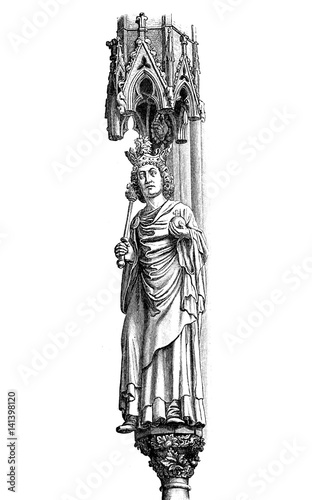 Statue of Otto I the Great Holy Roman Emperor and king of Germany with scepter, globe and crown, Magdeburg cathedral, X century 