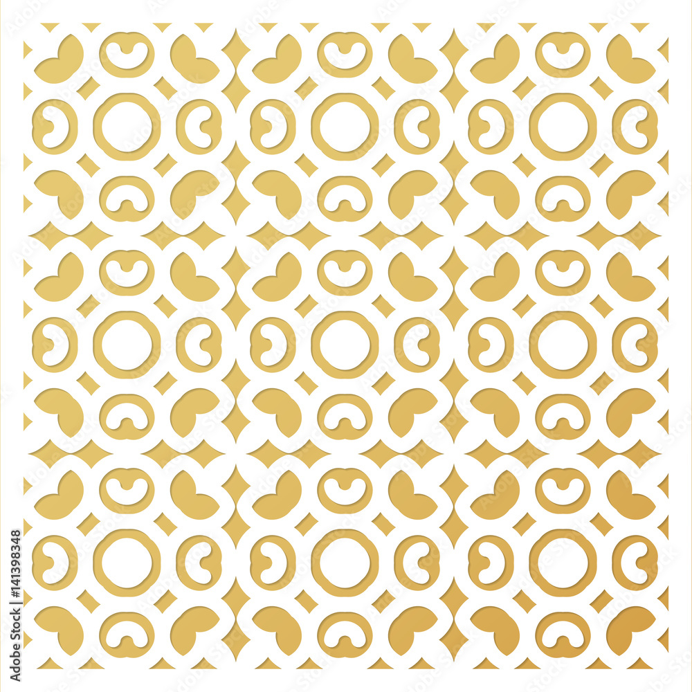 Laser cutting template. Die cut stencil. Square vector panel for invitation, envelope, printing, greeting, business, wood, metal cutout. White pattern on golden background. Laser cutting template. Die cut stencil. Square vector panel for invitation, envelope, printing, greeting, business, wood, metal cutout. White pattern on golden background.