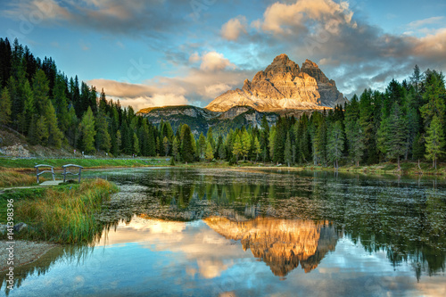 Lago Antorno, Dolomites, Lake mountain landcape with Alps peak reflection