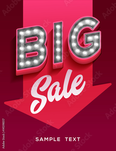 Big sale sign. Retro light signboard banner with glowing bulbs
