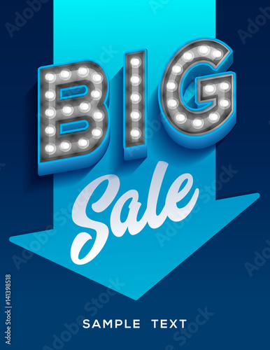 Big sale sign. Retro light signboard banner with glowing bulbs