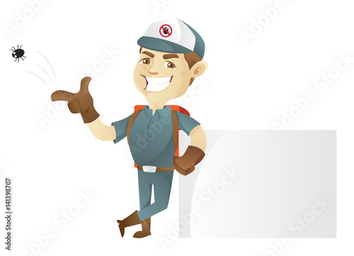 Pest control service leaning on blank sign