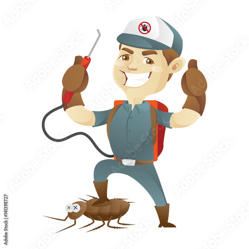 Pest control service killing cockroach and giving thumb up