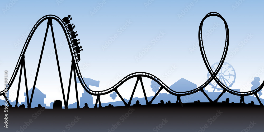 A silhouette of a cartoon roller coaster about to go down a large hill