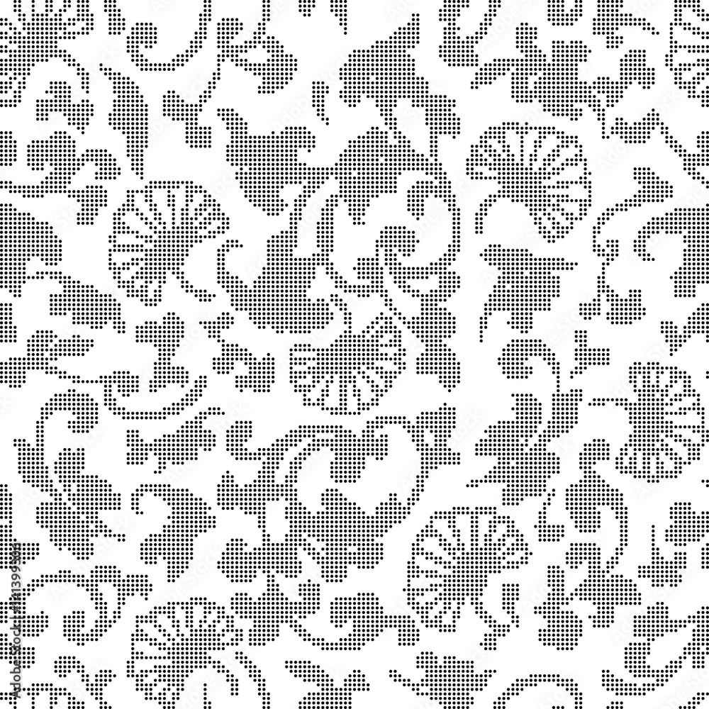 Halftone round black seamless background curve spiral leaf flower