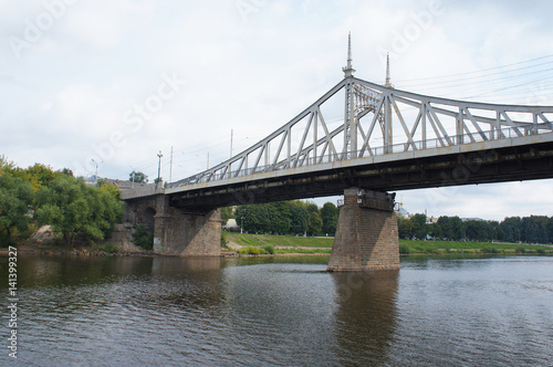 White openwork bridge over Volga river in Tver, Russia photo