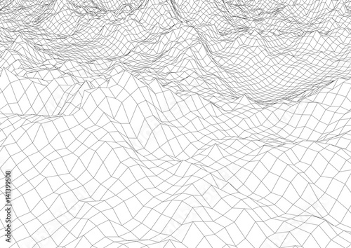 Retro styled futuristic wireframe landscape with mountains