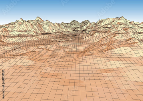 Retro styled futuristic landscape with mountains range