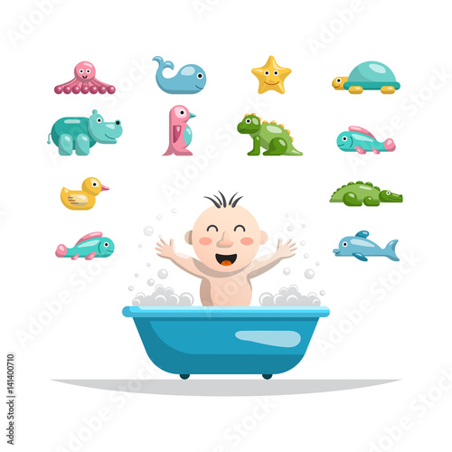 The set of toys on a white background isolated flat in which the child can play while bathing