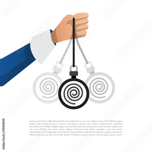 Vector illustration of hand with the swinging of the pendulum introducing man into hypnosis, drawn in a flat cartoon style. The concept of immersion in hypnosis