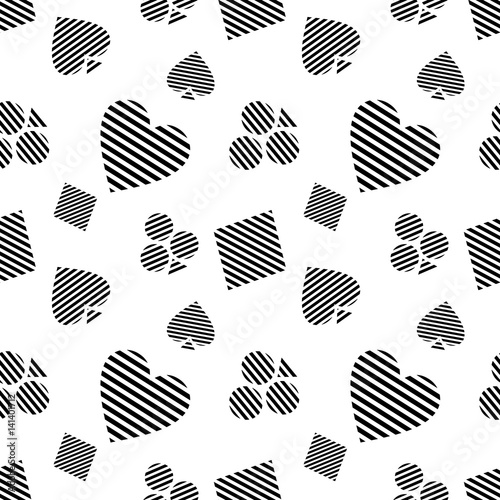 Seamless vector pattern with icons of playings cards. Black and white background with hand drawn symbols. Decorative repeat ornament. Series of Gaming and Gambling Seamless vector Patterns.