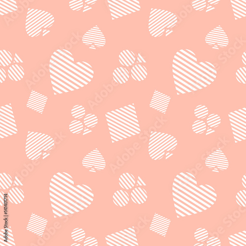 Seamless vector pattern with icons of playings cards. Pink background with hand drawn symbols. Decorative repeat ornament. Series of Gaming and Gambling Seamless vector Patterns. © Valentain Jevee