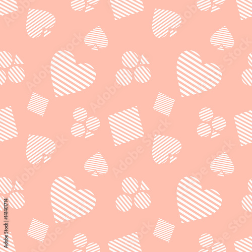 Seamless vector pattern with icons of playings cards. Pink background with hand drawn symbols. Decorative repeat ornament. Series of Gaming and Gambling Seamless vector Patterns.