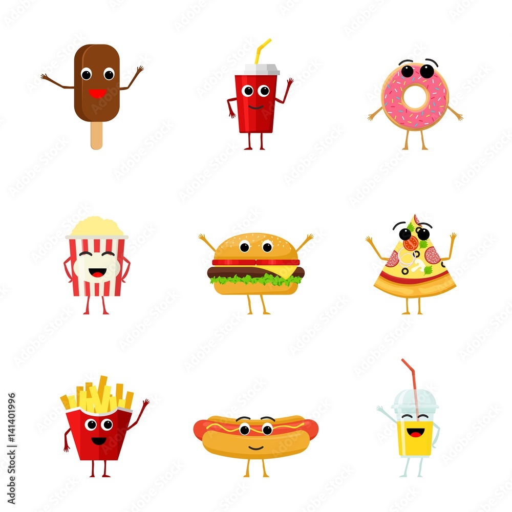 Set of funny fast food characters isolated on white background. Cute  cartoon fastfood menu icons in flat style vector illustration. Stock Vector  | Adobe Stock