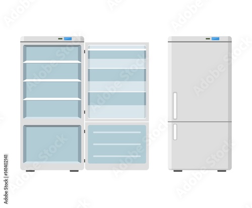 Household appliances fridge open and closed isolated on white background. Electronic device refrigerator. Home appliance freezer vector illustration.