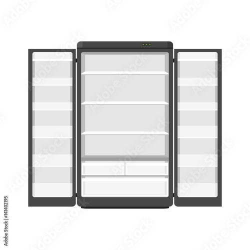 Black modern household appliances fridge with two doors isolated on white background. Electronic device refrigerator open. Home appliance freezer vector illustration.