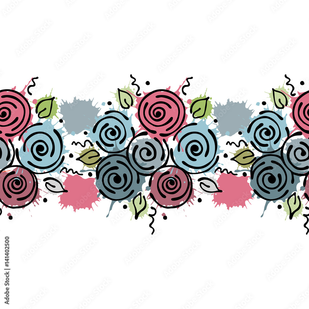 Seamless vector hand drawn floral pattern, endless border Colorful frame with flowers, leaves. Decorative cute graphic line drawing illustration. Print for wrapping, background, fabric, decor, textile Seamless vector hand drawn floral pattern, endless border Colorful frame with flowers, leaves. Decorative cute graphic line drawing illustration. Print for wrapping, background, fabric, decor, textile