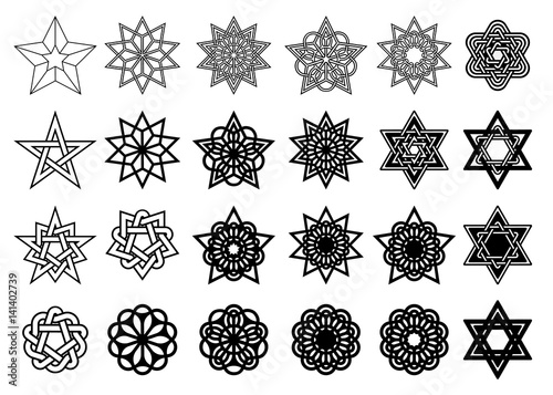 Set of abstract graphic elements for your design. Black stars and circles isolated on white background. Vector illustration