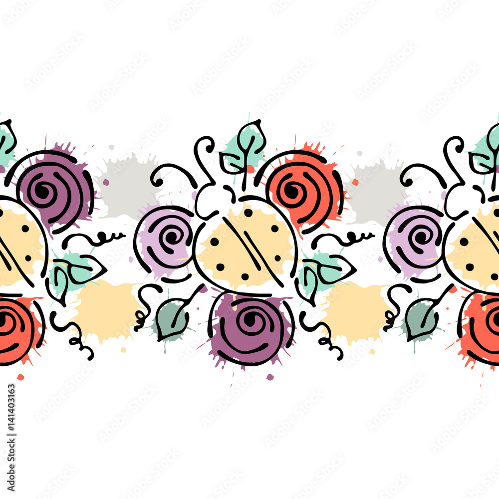 Seamless vector hand drawn floral pattern, endless border Colorful frame with flowers, leaves. Decorative cute graphic line drawing illustration. Print for wrapping, background, fabric, decor, textile Seamless vector hand drawn floral pattern, endless border Colorful frame with flowers, leaves. Decorative cute graphic line drawing illustration. Print for wrapping, background, fabric, decor, textile