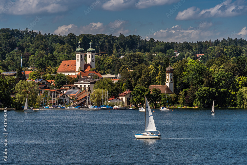 Tutzing am Starnberger See mit Kapelle und Kirche St. Joseph und Segelboot Stock Photo Adobe Stock