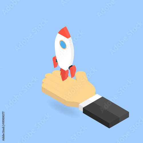 Rocket flying businessman with hands. The concept of a start up. Isometric vector illustration.