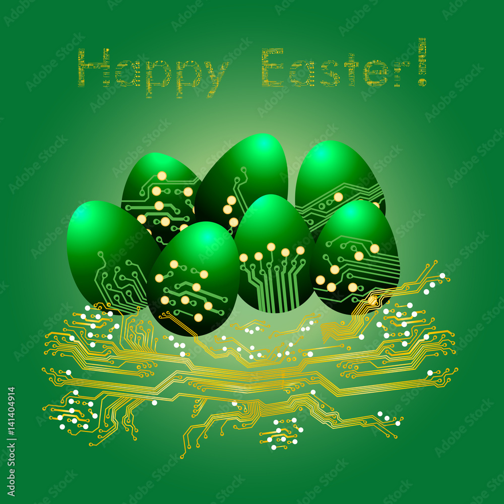Easter eggs in nest in circuit board style. Happy Easter greeting card